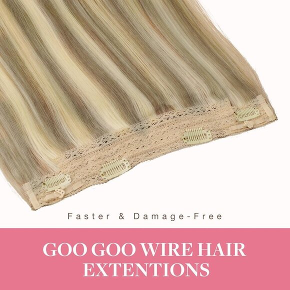 Wire Hair Extensions Human Hair, 16/22 Light Blondewith mix Golden Blonde Highli - Picture 2 of 8